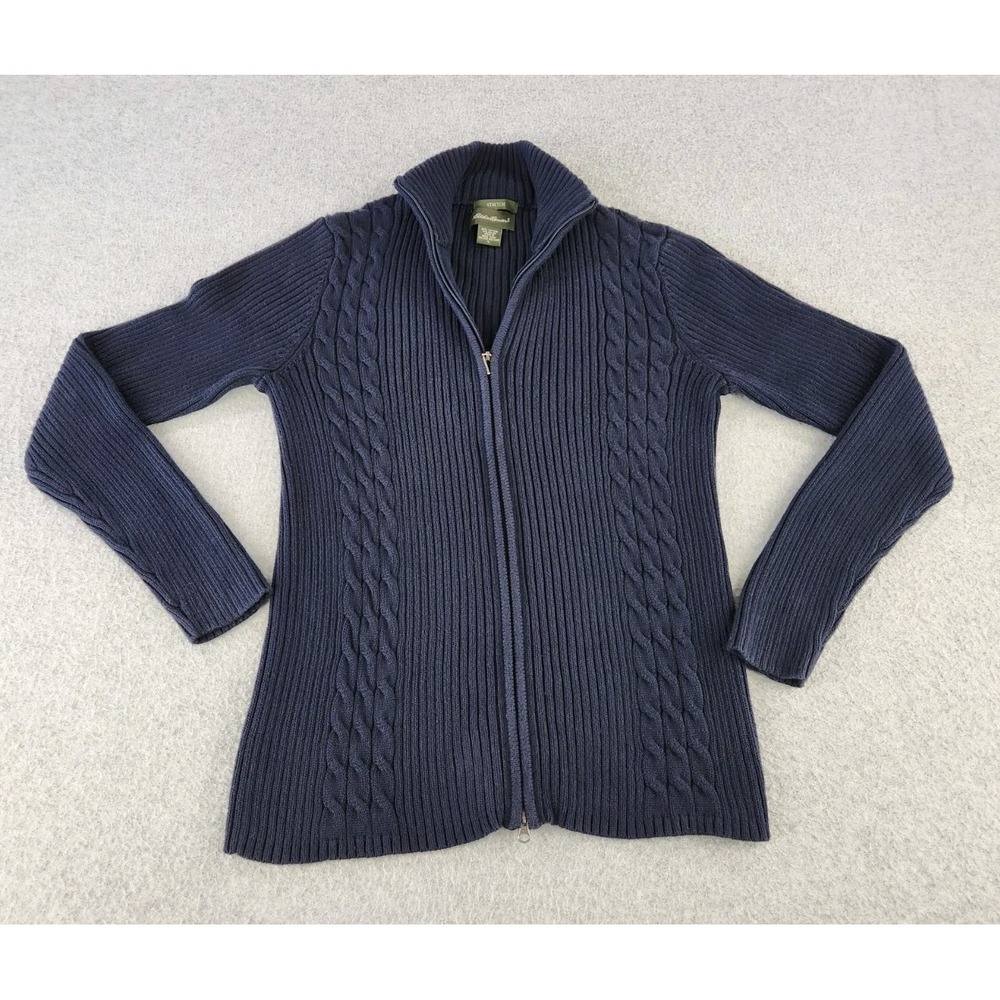 Eddie‎ Bauer Zip Up Ribbed Cable Knit Cardigan Sweater Wmns Medium Large Stretch